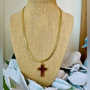 Gold Chain Necklace with Brown Cross Pendant